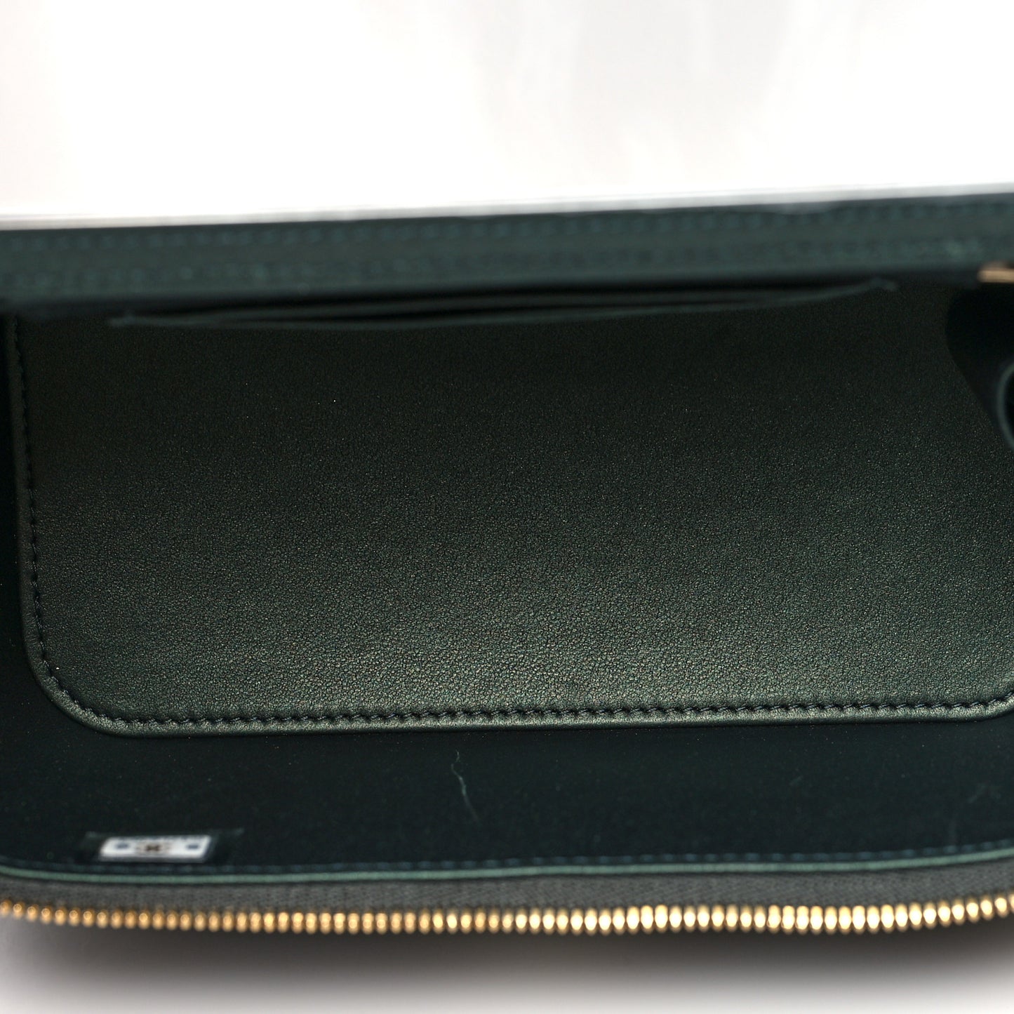 Iridescent Lambskin Quilted Small Top Handle Vanity Case With Chain Dark Green