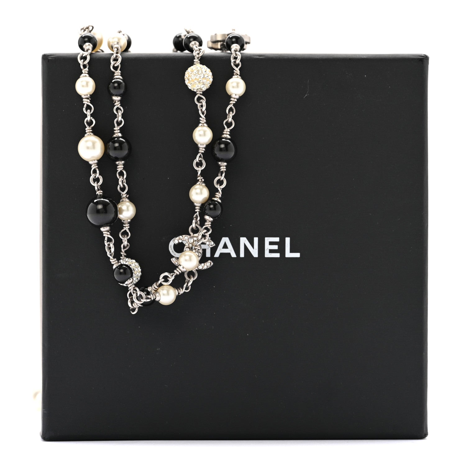 Chanel Pearl Crystal Bead CC Long Necklace Black 6 of 6