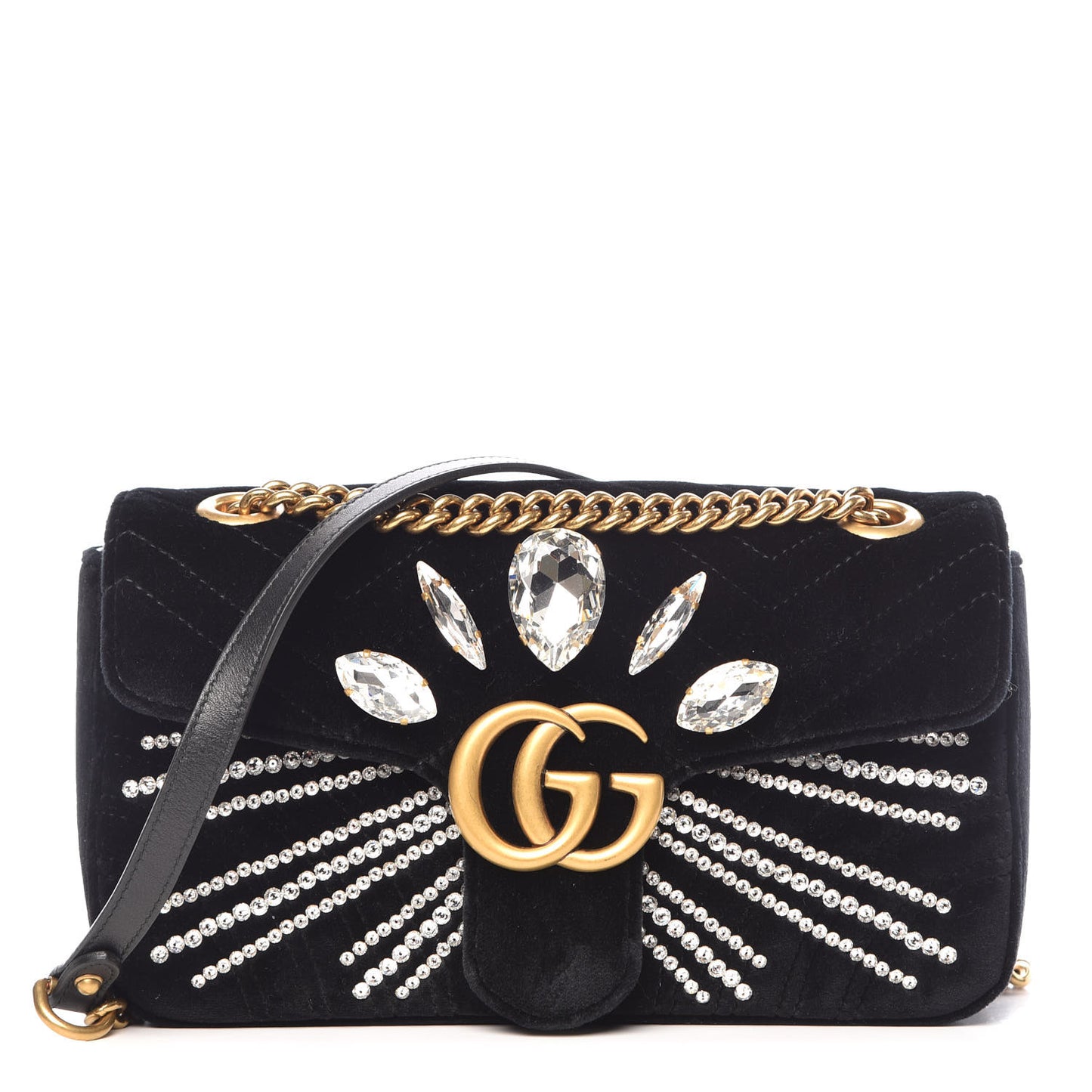 Velvet Matelasse Marquise Crystals Embroidered Small GG Marmont Shoulder Bag Black