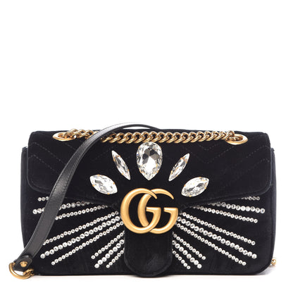 Gucci Velvet Matelasse Marquise Crystals Embroidered Small GG Marmont Shoulder Bag Black 1 of 9