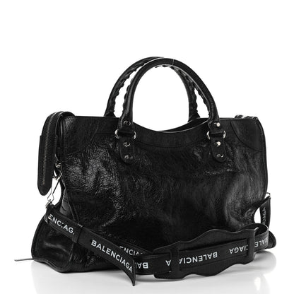 Balenciaga Agneau Classic Silver Hardware City Logo Strap Black White 3 of 10