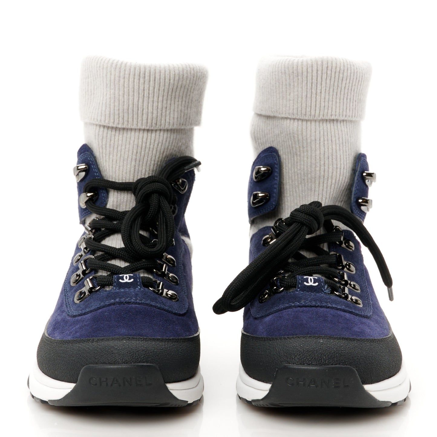 Suede Calfskin Knit CC Sneakers 38 Dark Blue Light Grey