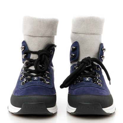 Chanel Suede Calfskin Knit CC Sneakers 38 Dark Blue Light Grey 3 of 10