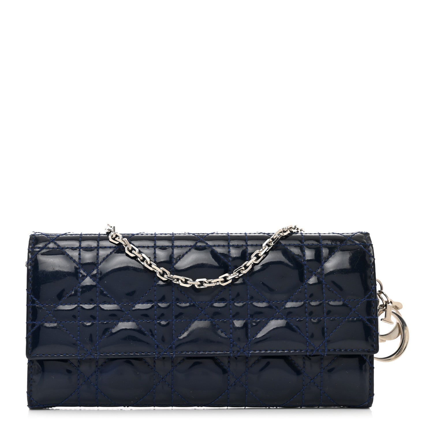 Christian Dior Patent Cannage Lady Dior Rendezvous Wallet On Chain Blue Nuit 1 of 9