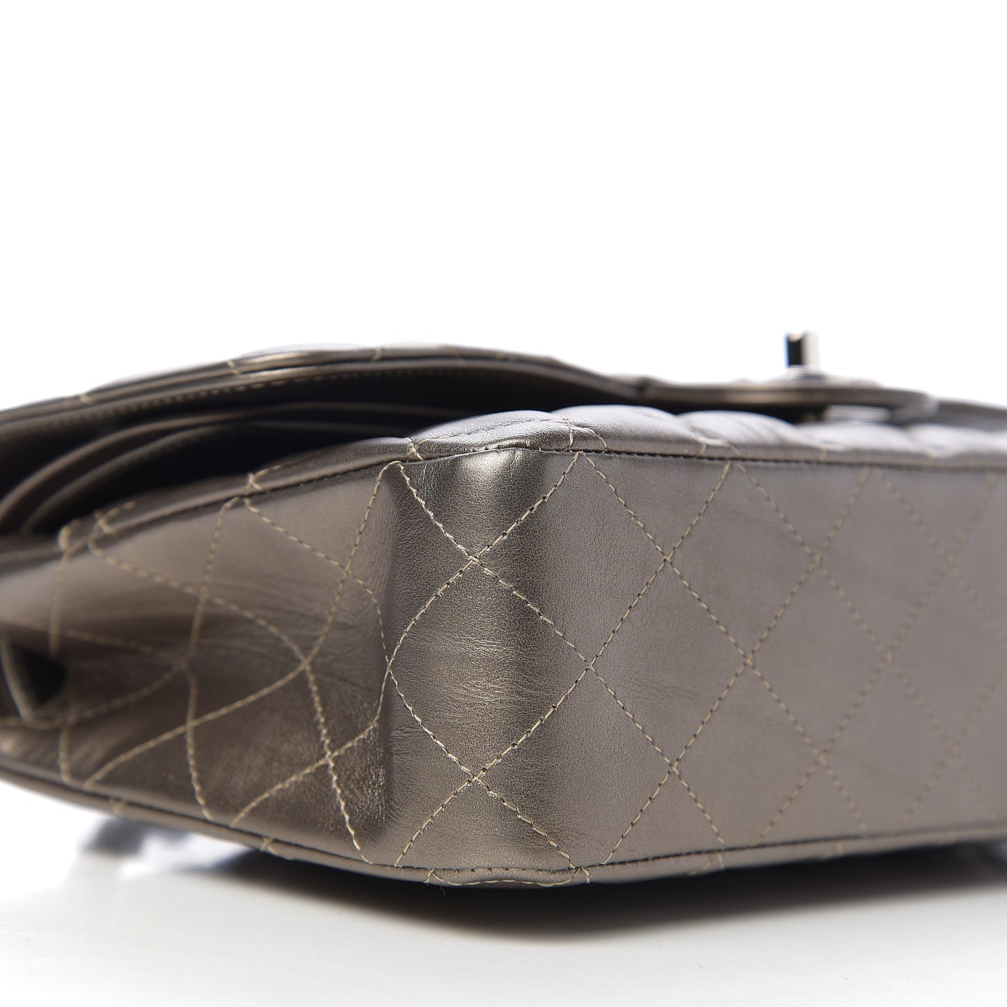 Metallic Calfskin Quilted Medium Double Flap Dark Silver
