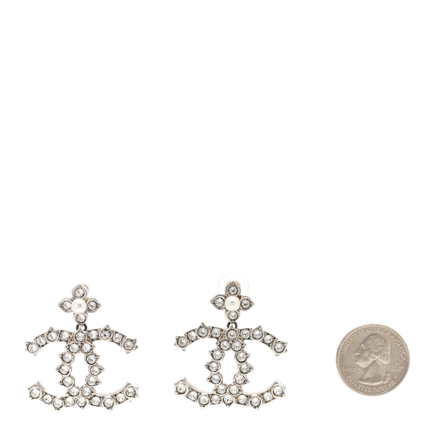 Chanel Metal Pearl Crystal CC Flower Drop Earrings Silver 2 of 6