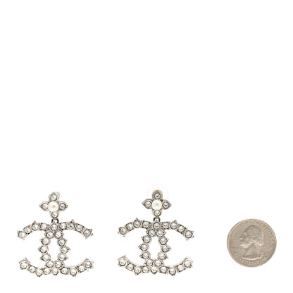 Chanel Metal Pearl Crystal CC Flower Drop Earrings Silver 2 of 6