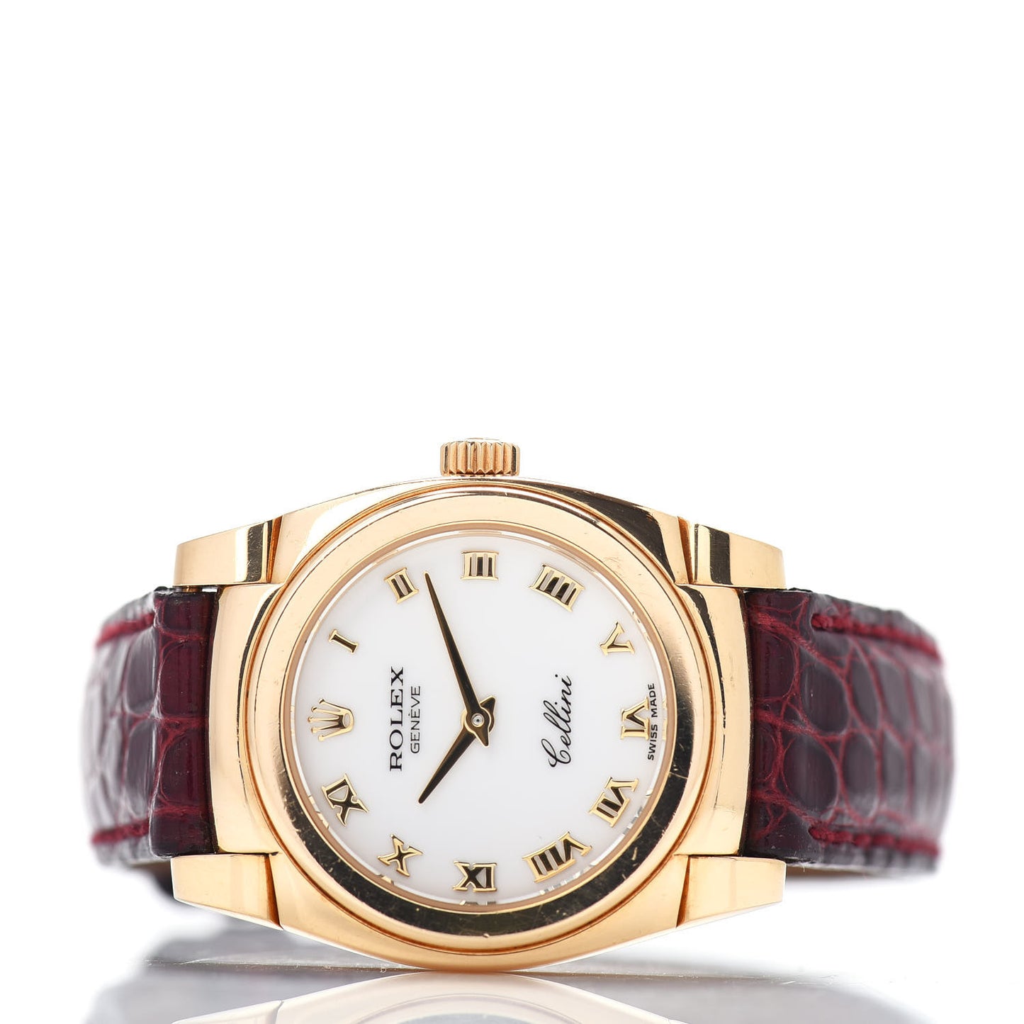 18K Yellow Gold Alligator 26mm Cellini Manual Winding Watch White 5310