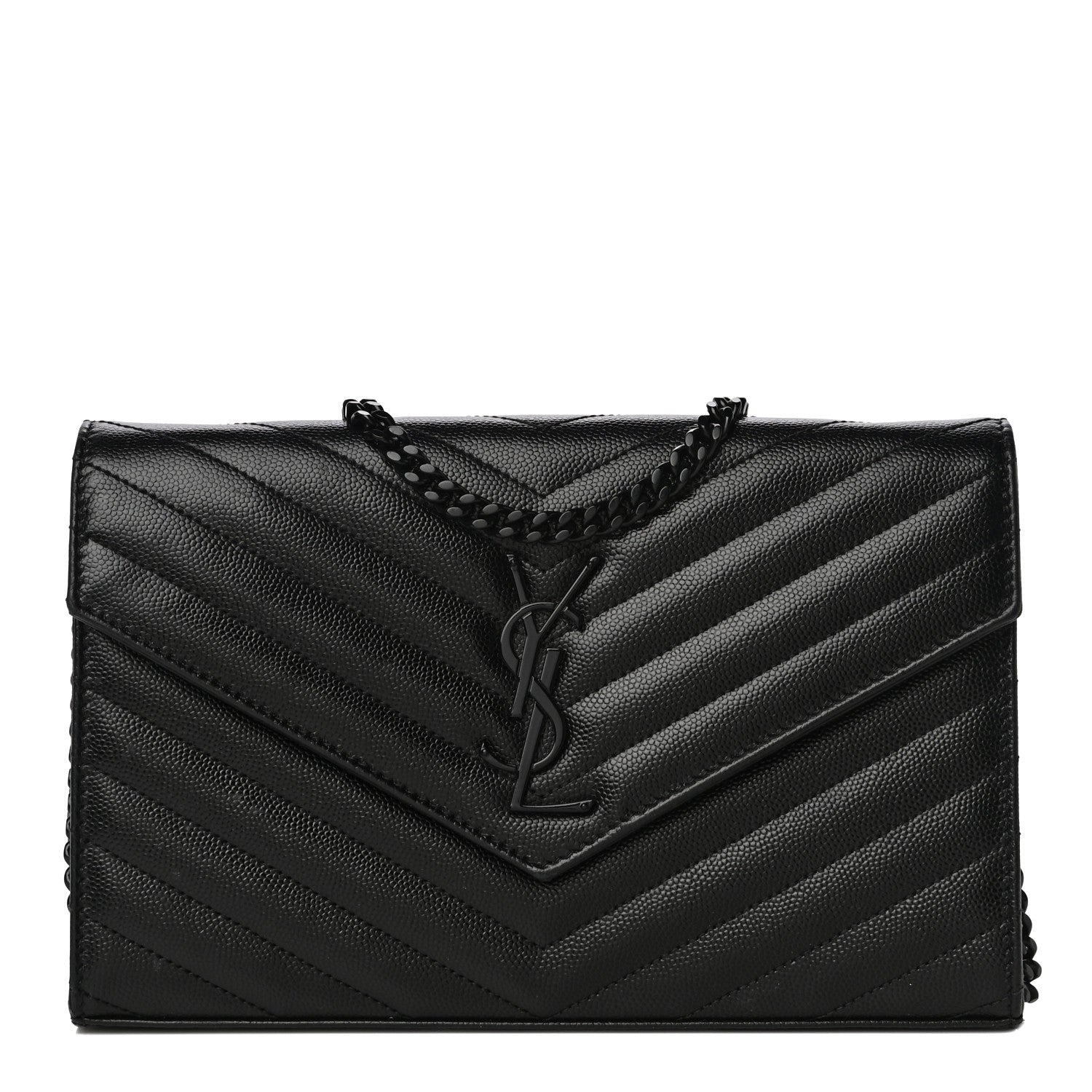 Saint Laurent Grain De Poudre Matelasse Chevron Monogram Chain Wallet Black 1 of 17