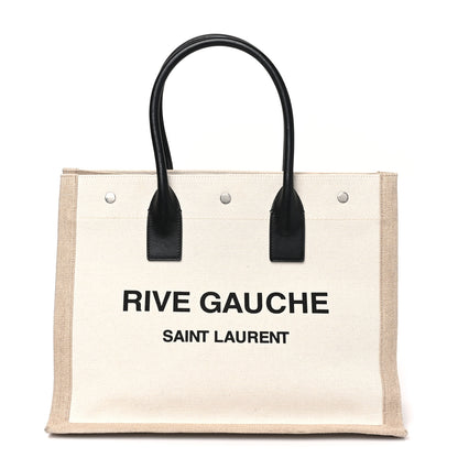Saint Laurent Linen Calfskin Small Rive Gauche Tote Greggio Natural 1 of 12