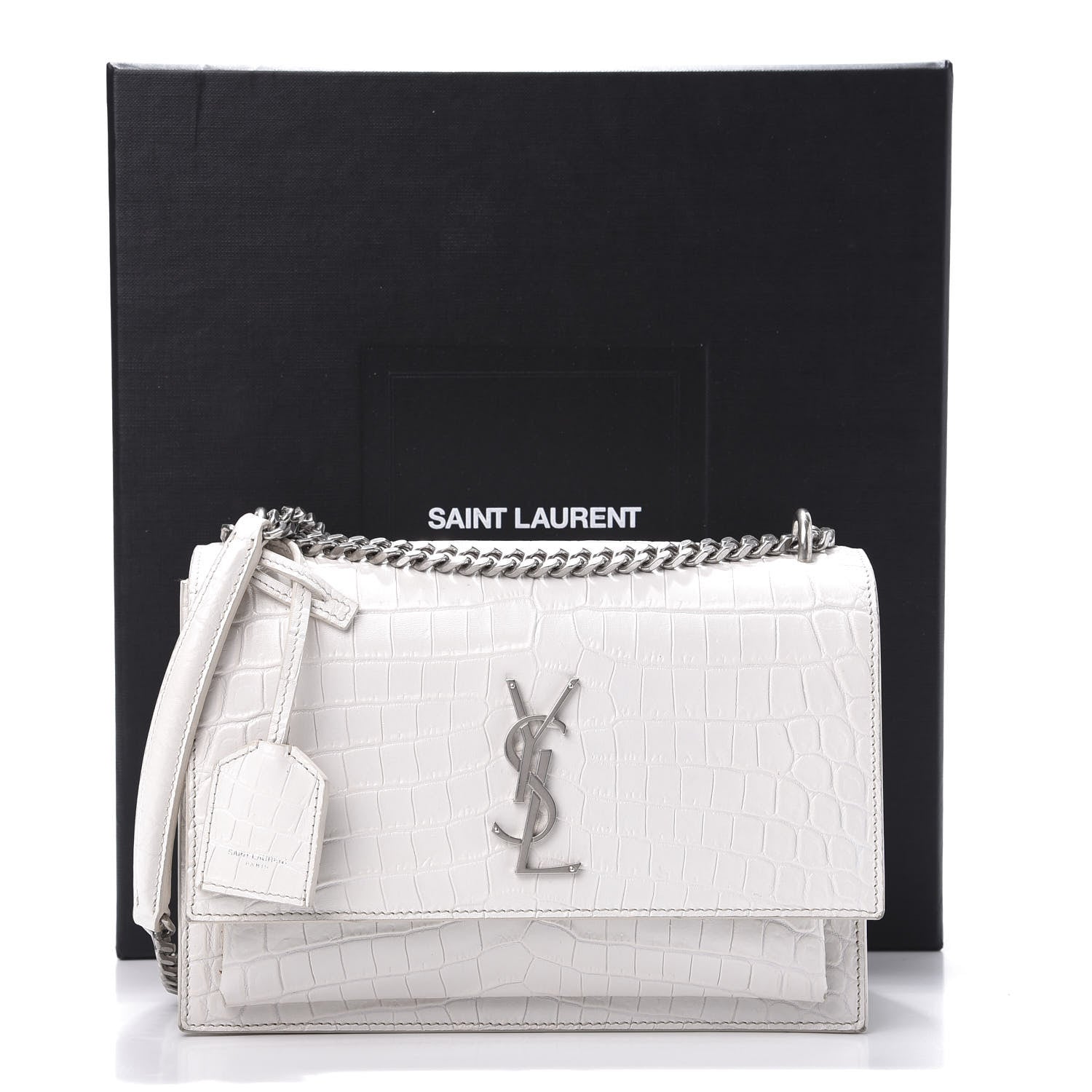 Saint Laurent Calfskin Crocodile Embossed Medium Monogram Sunset Icy White 12 of 12