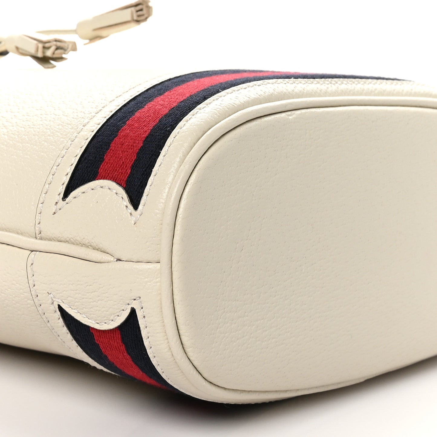 Glazed Textured Calfskin Web Small Ophidia Bucket Bag Mystic White