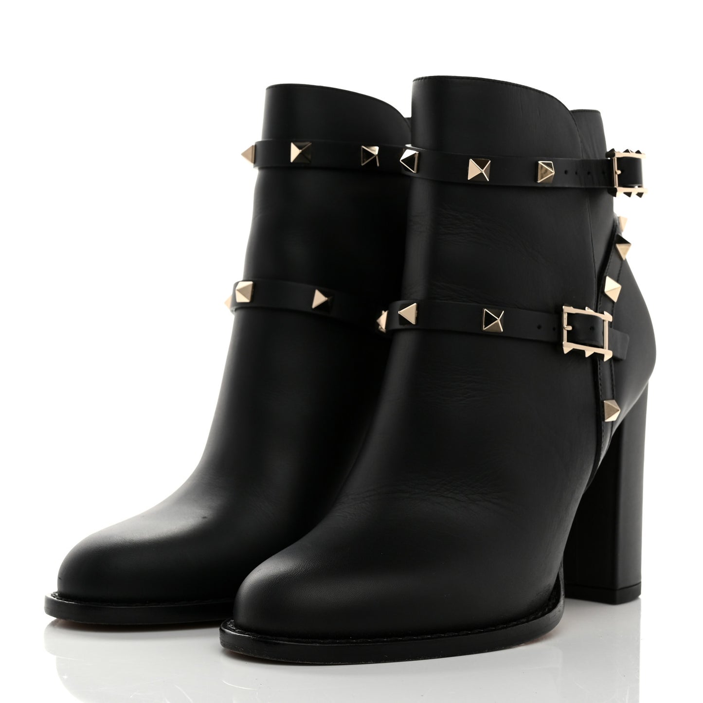 Pebbled Calfskin Rockstud Double Buckle 70mm Block Heel Ankle Boots 36.5 Black