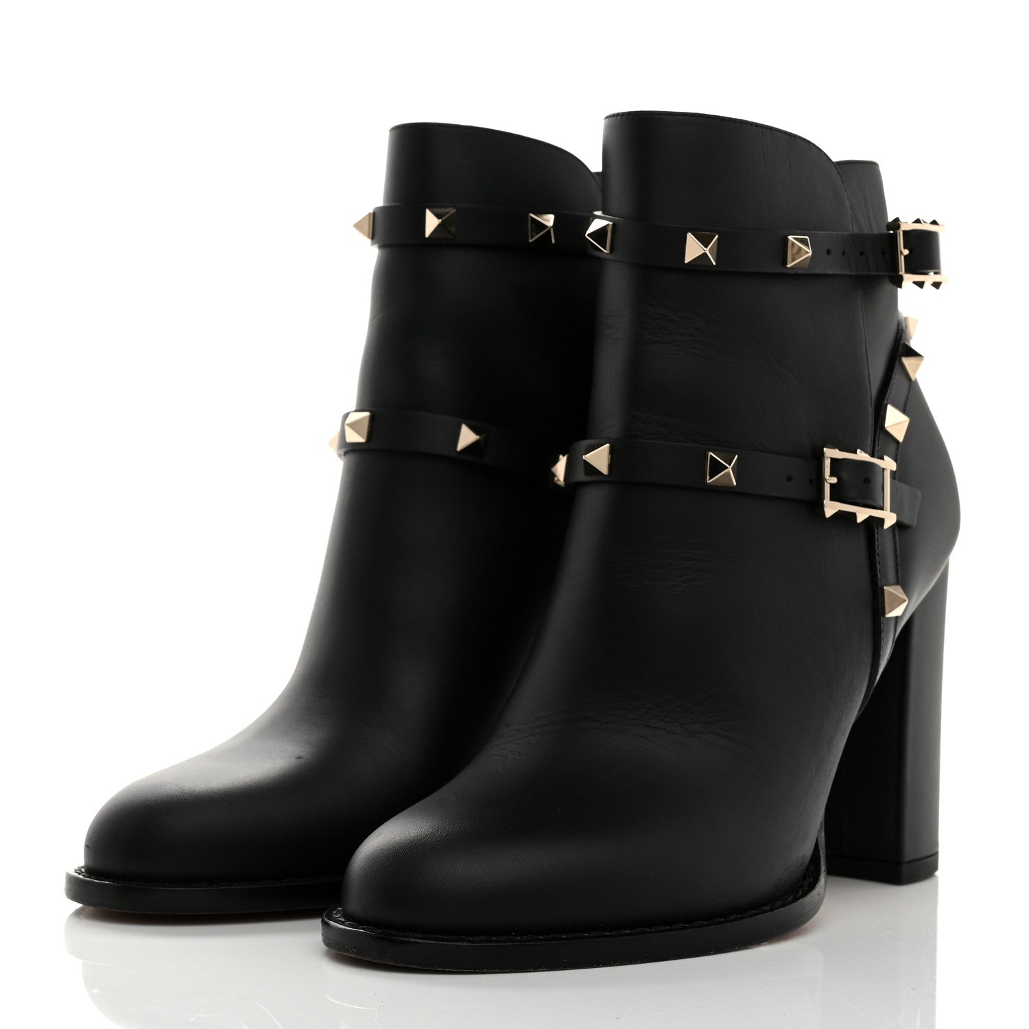 Valentino Garavani Pebbled Calfskin Rockstud Double Buckle 70mm Block Heel Ankle Boots 36.5 Black 3 of 9