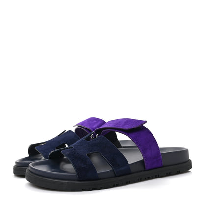 Hermes Suede Goatskin Womens Chypre Sandals 37.5 Marine Violet Majorette 3 of 9