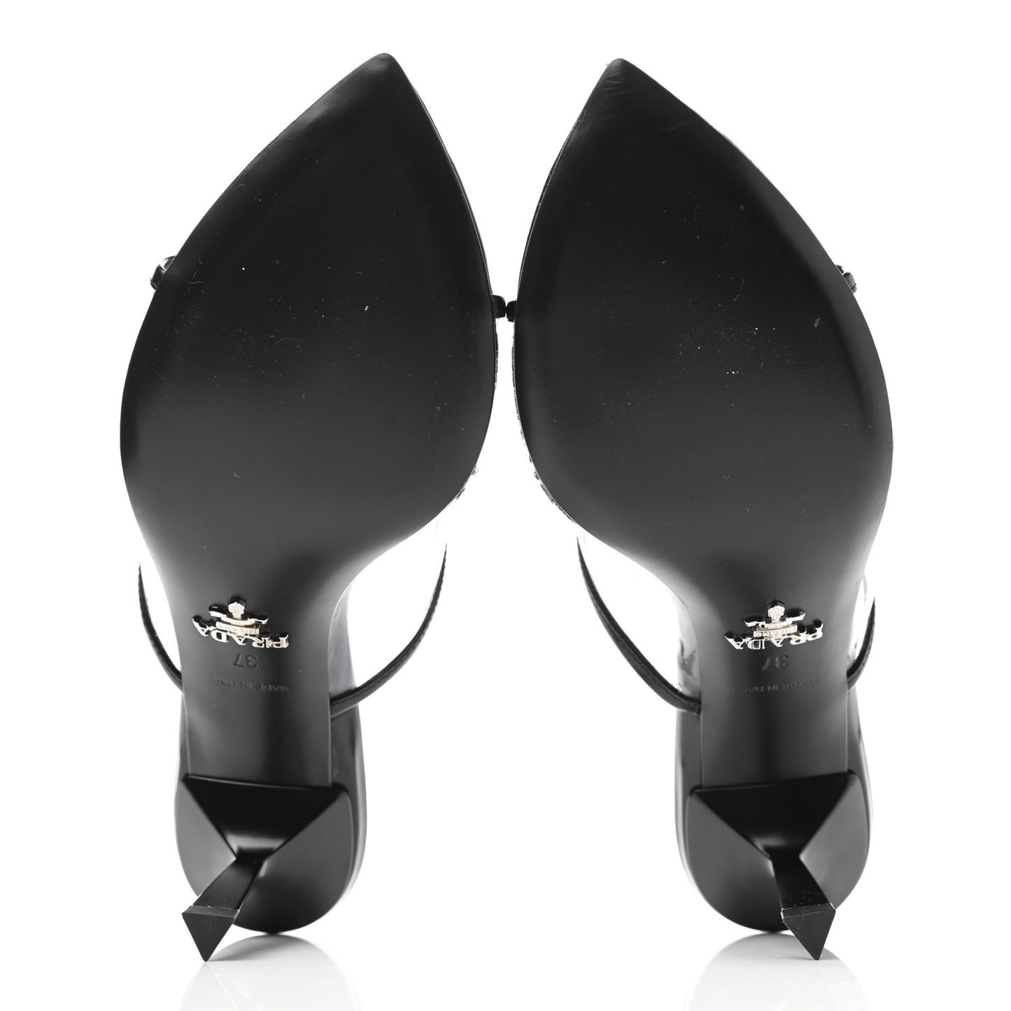 Plexiglass Calfskin Metal Triangle Logo 75mm Slide Sandals 37 Black
