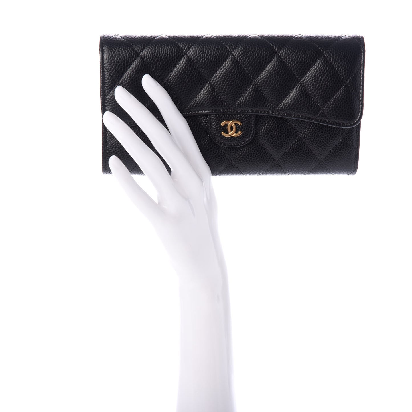 Caviar Quilted Large Gusset Flap Wallet Black
