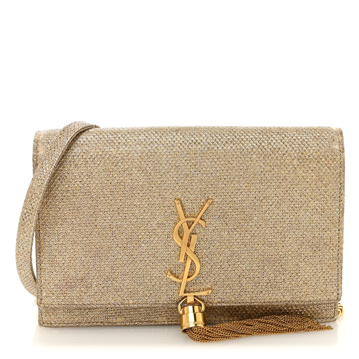 Saint Laurent Metallic Canvas Woven Small Classic Monogram Kate Tassel Chain Wallet Gold 1 of 14