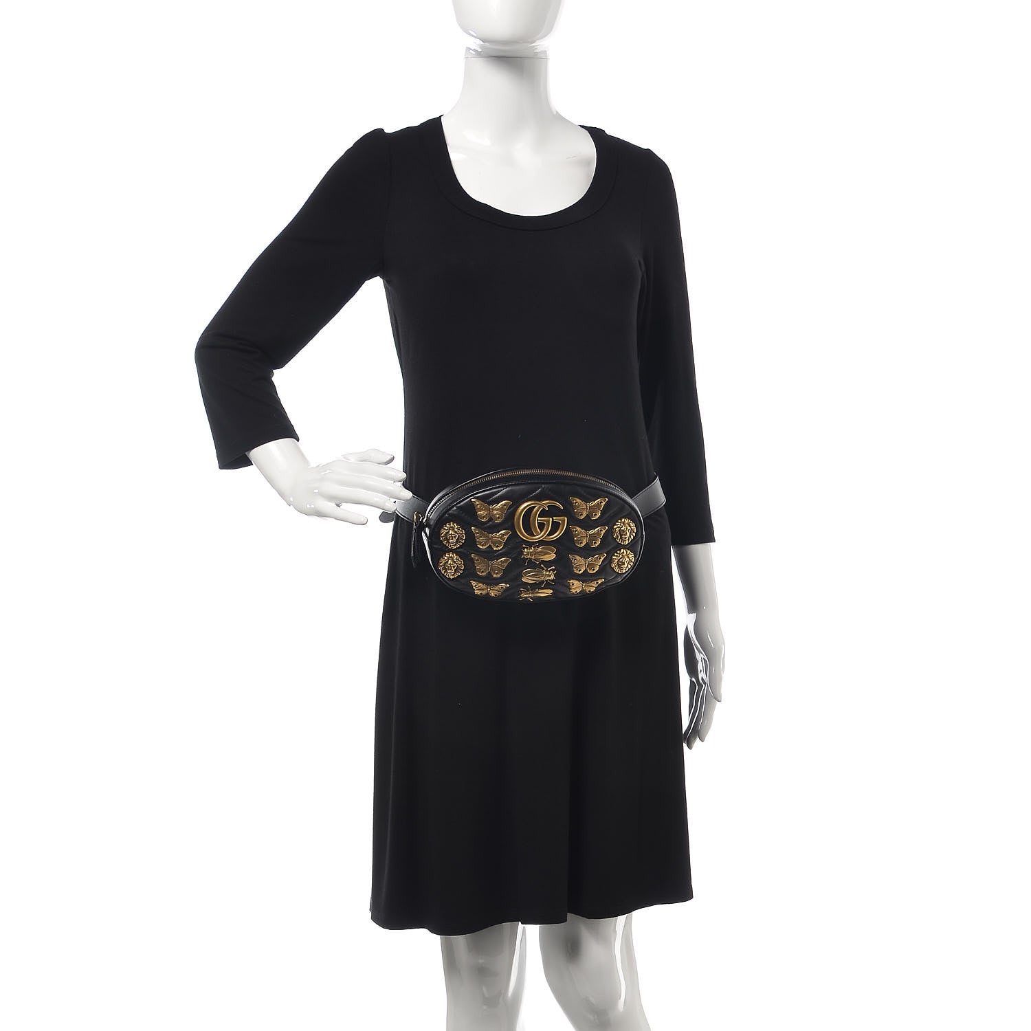 Gucci Calfskin Matelasse Animal Studs GG Marmont Belt Bag 85 34 Black 2 of 12