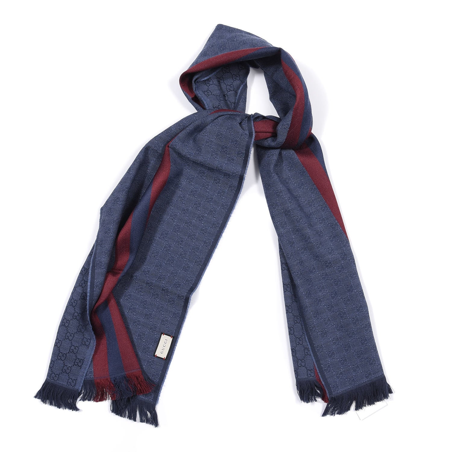 Gucci Wool Silk GG Monogram Web Verbier Fringe Scarf Sapphire Bordeaux 1 of 4
