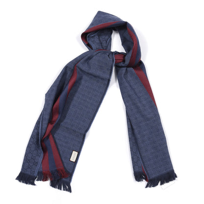 Gucci Wool Silk GG Monogram Web Verbier Fringe Scarf Sapphire Bordeaux 1 of 4