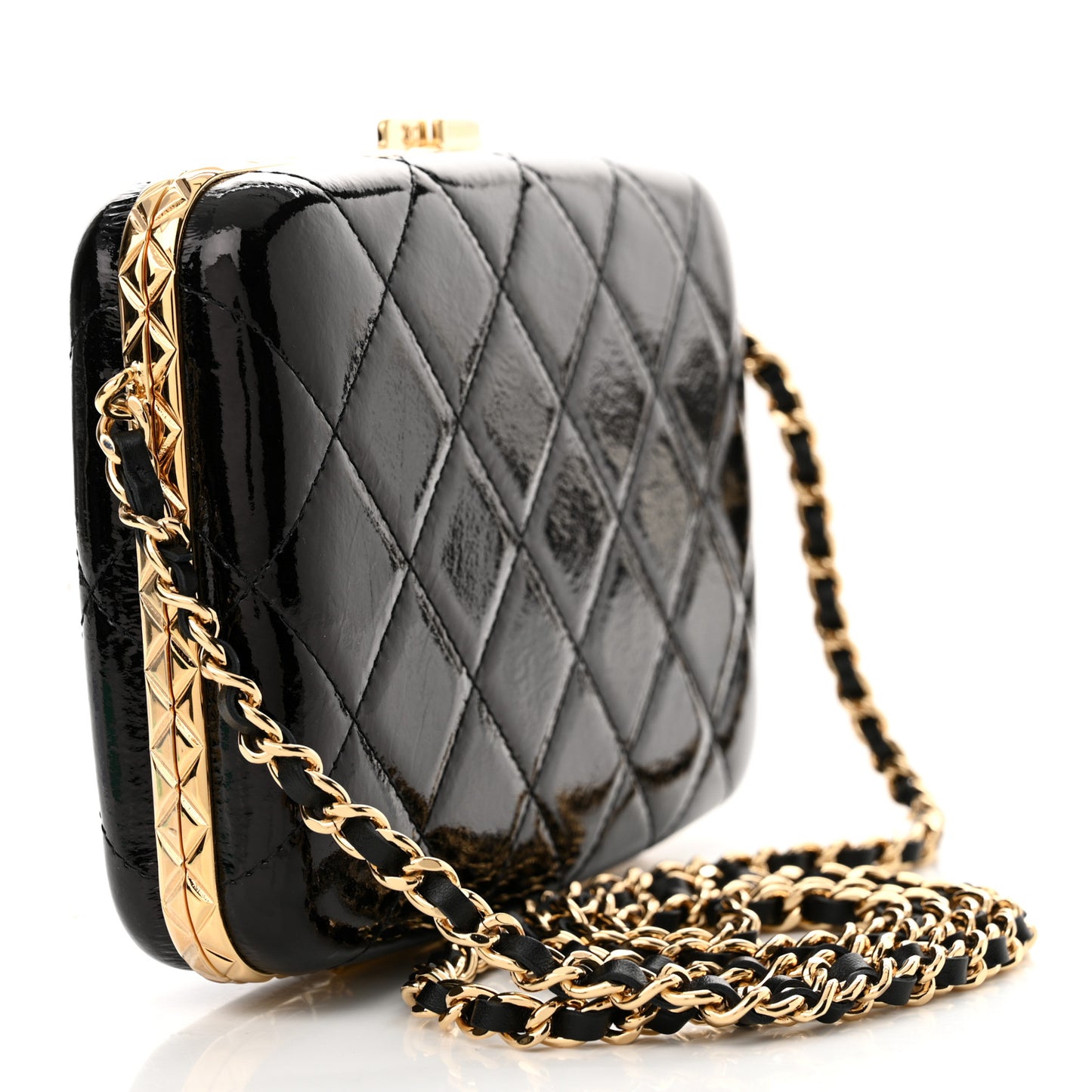 Glazed Goatskin Quilted Box With Chain Black
