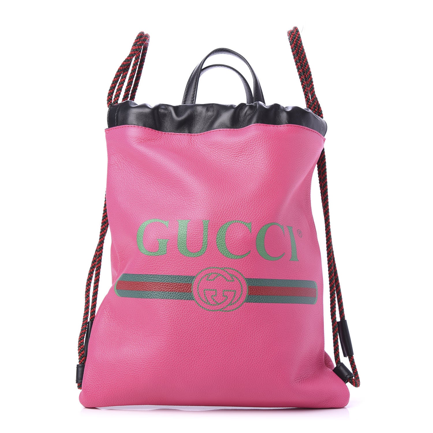 Gucci Grained Calfskin Logo Drawstring Backpack Box Pink Green Black 1 of 10