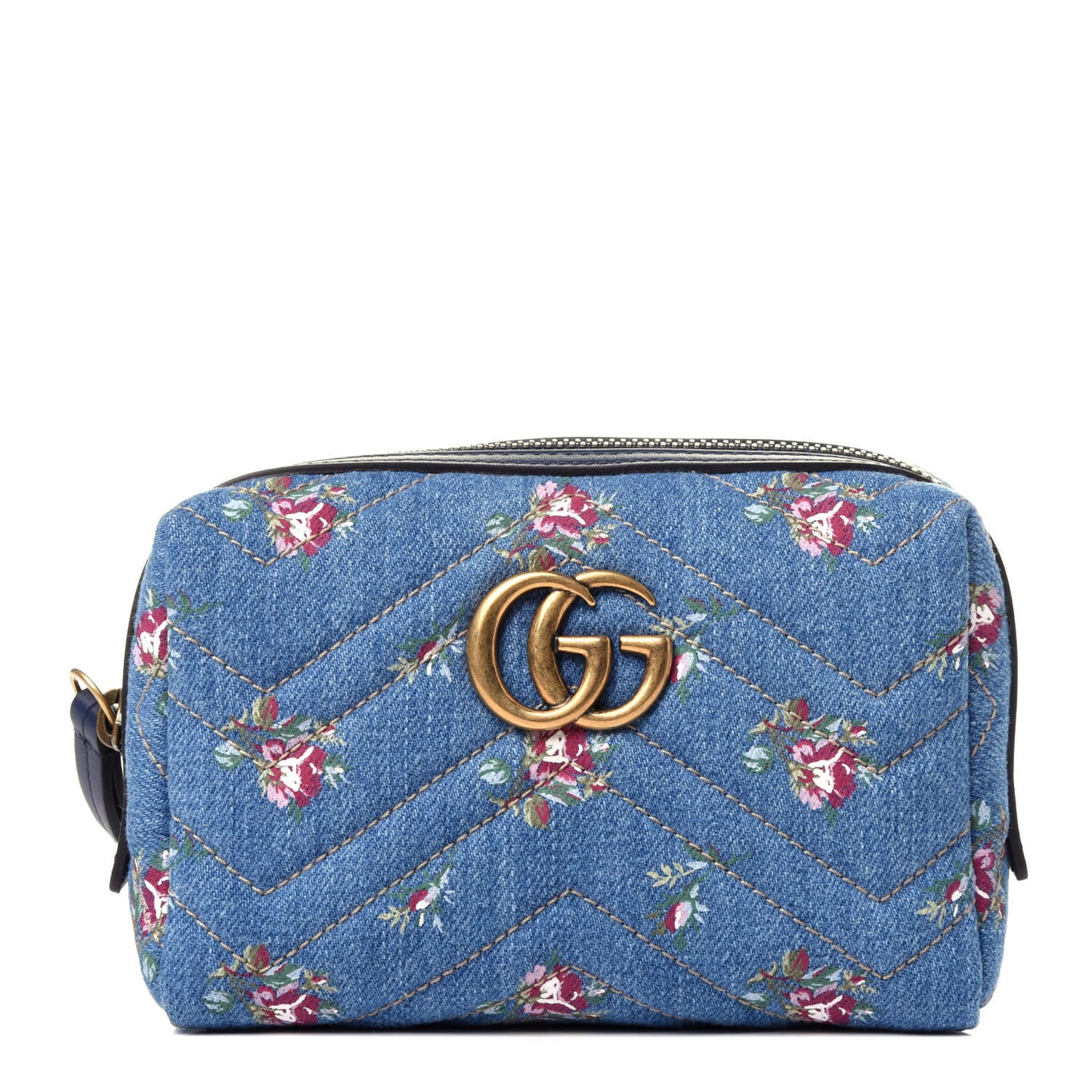 Denim Matelasse Flora GG Marmont Cosmetic Case Blue