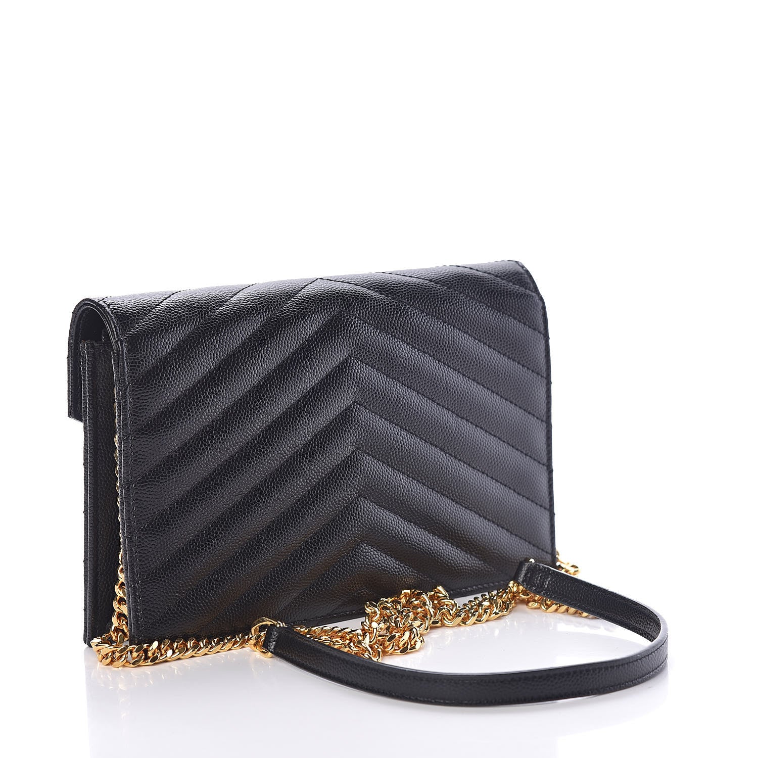 Saint Laurent Grain De Poudre Matelasse Chevron Monogram Envelope Chain Wallet Black 3 of 12