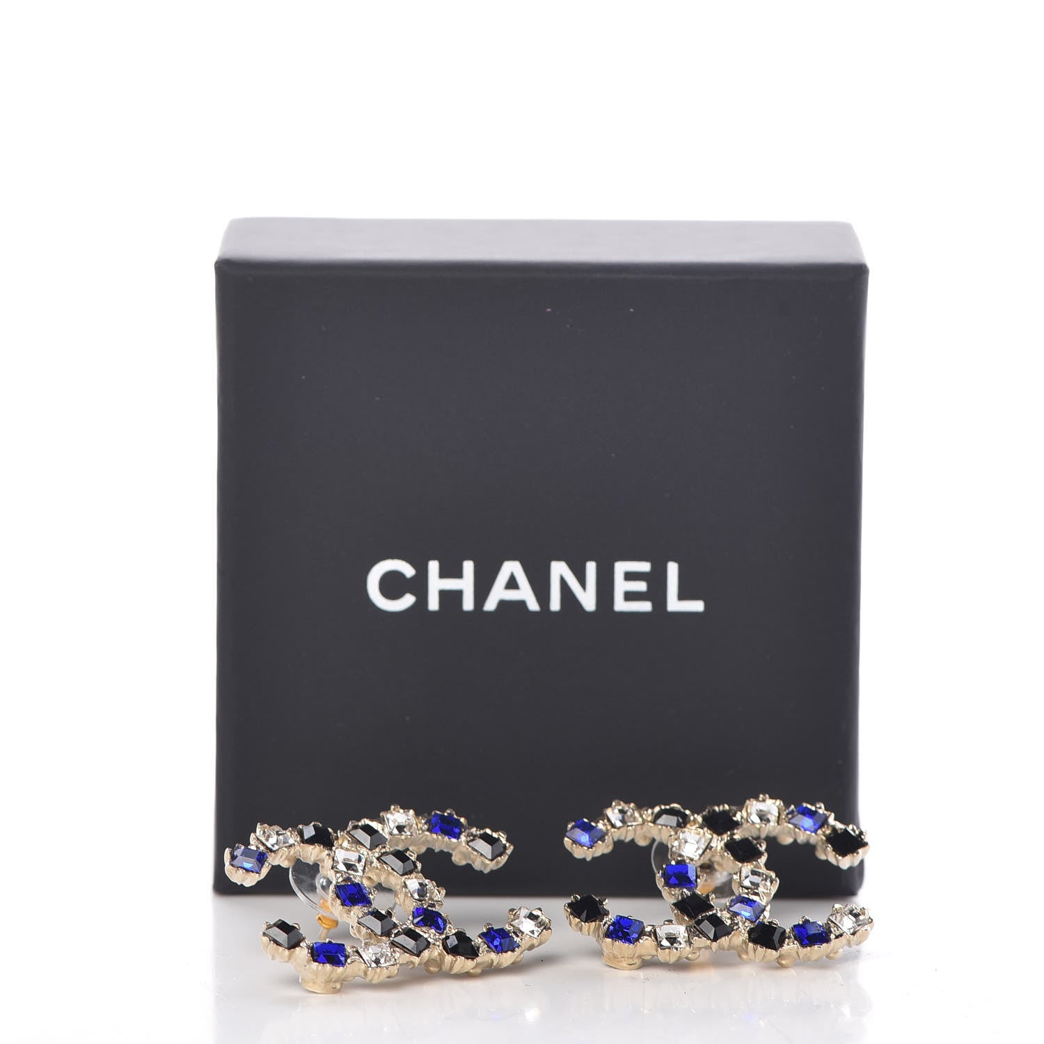 Chanel Crystal CC Earrings Gold Black Blue 5 of 5