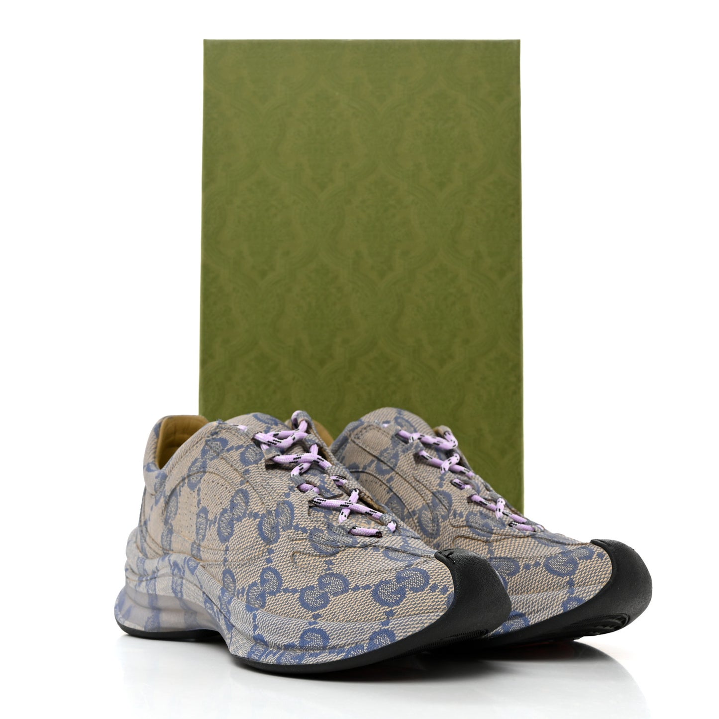 Ultralight Plume Calfskin Monogram Printed Womens Gucci Run Sneakers 37.5 Beige Blue