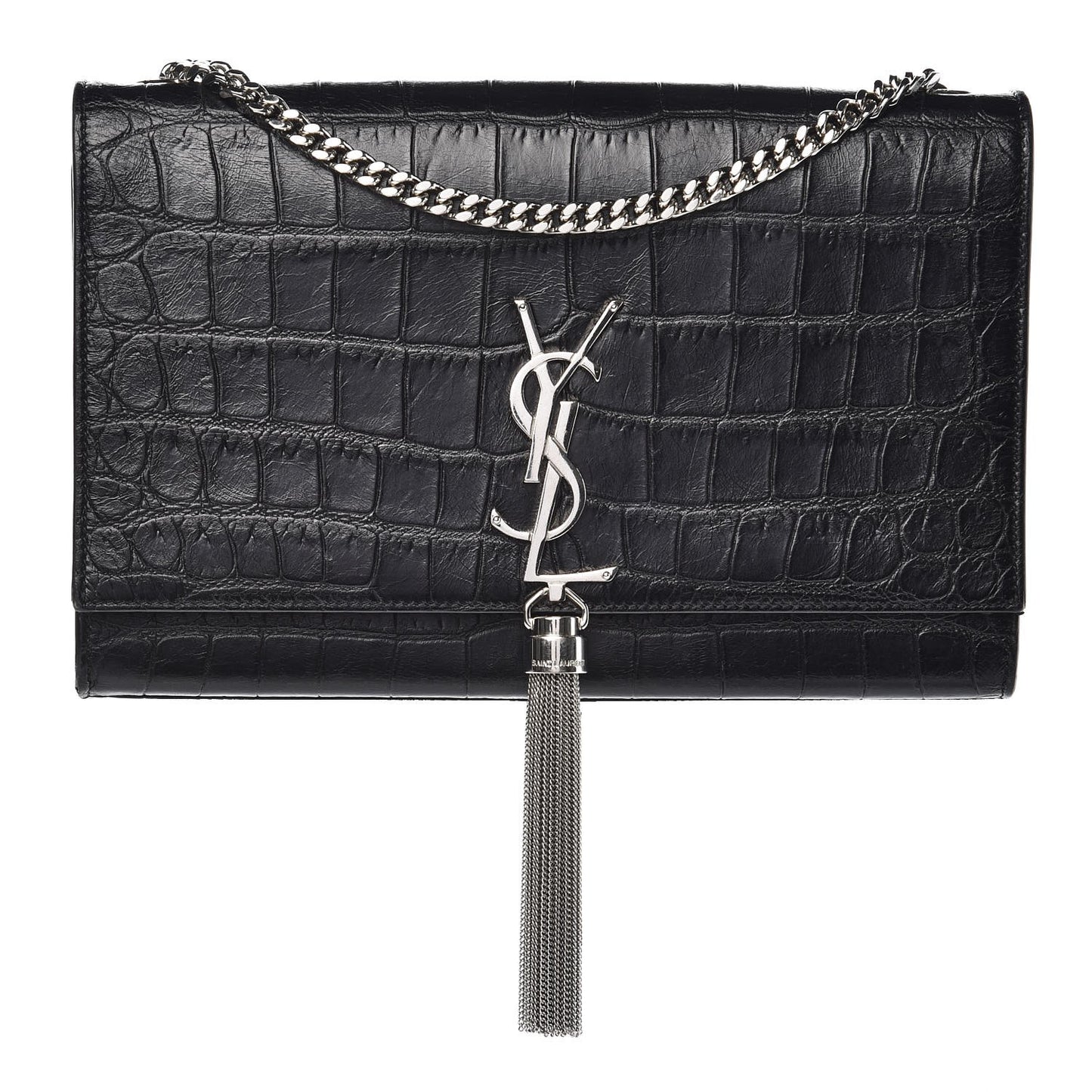 Calfskin Crocodile Embossed Medium Classic Monogram Kate Tassel Satchel Black