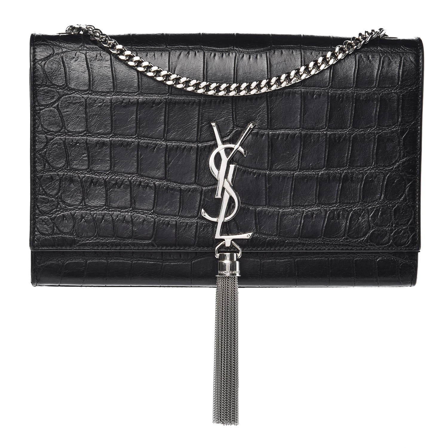 Saint Laurent Calfskin Crocodile Embossed Medium Classic Monogram Kate Tassel Satchel Black 1 of 8
