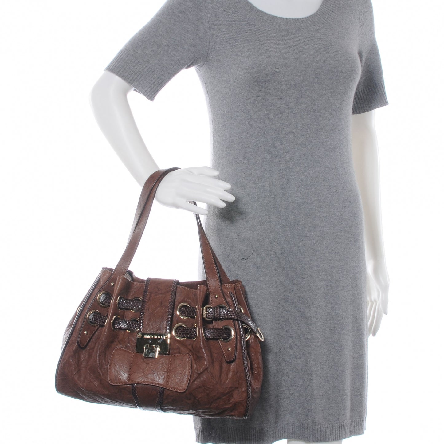 Leather Watersnake Trim Riki Tote Bag Brown