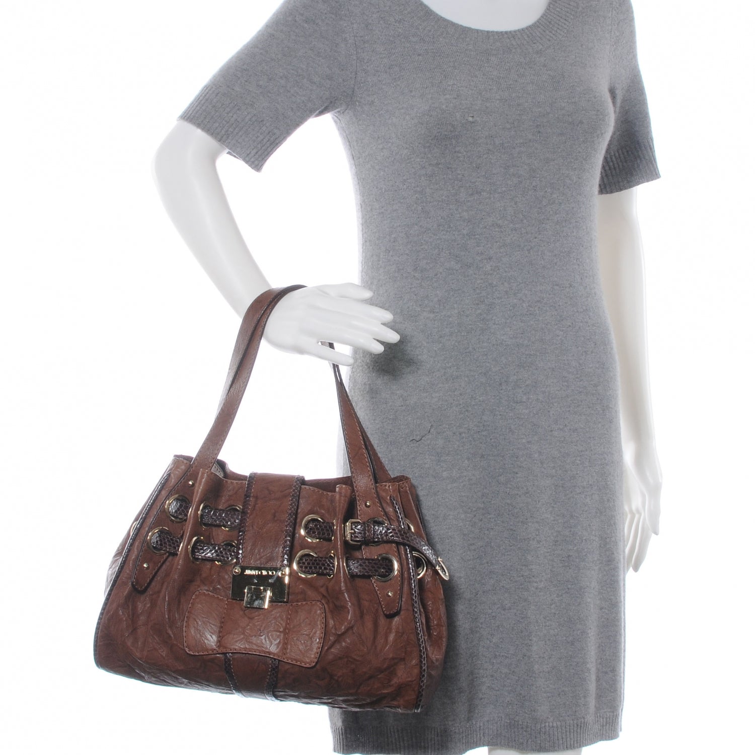 Jimmy Choo Leather Watersnake Trim Riki Tote Bag Brown 2 of 8