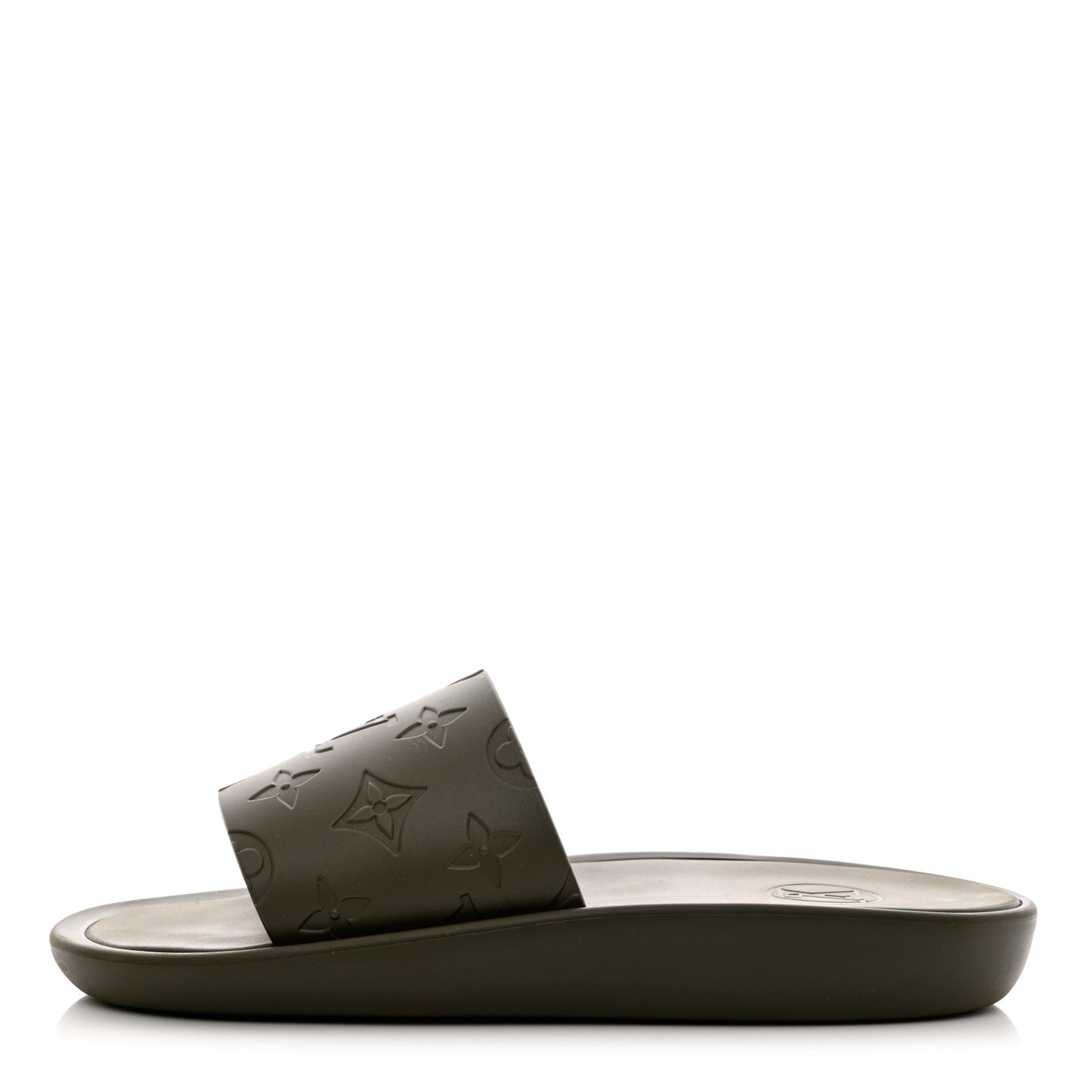 Matte Rubber Monogram Embossed Sunbath Slide Sandals 38 Khaki
