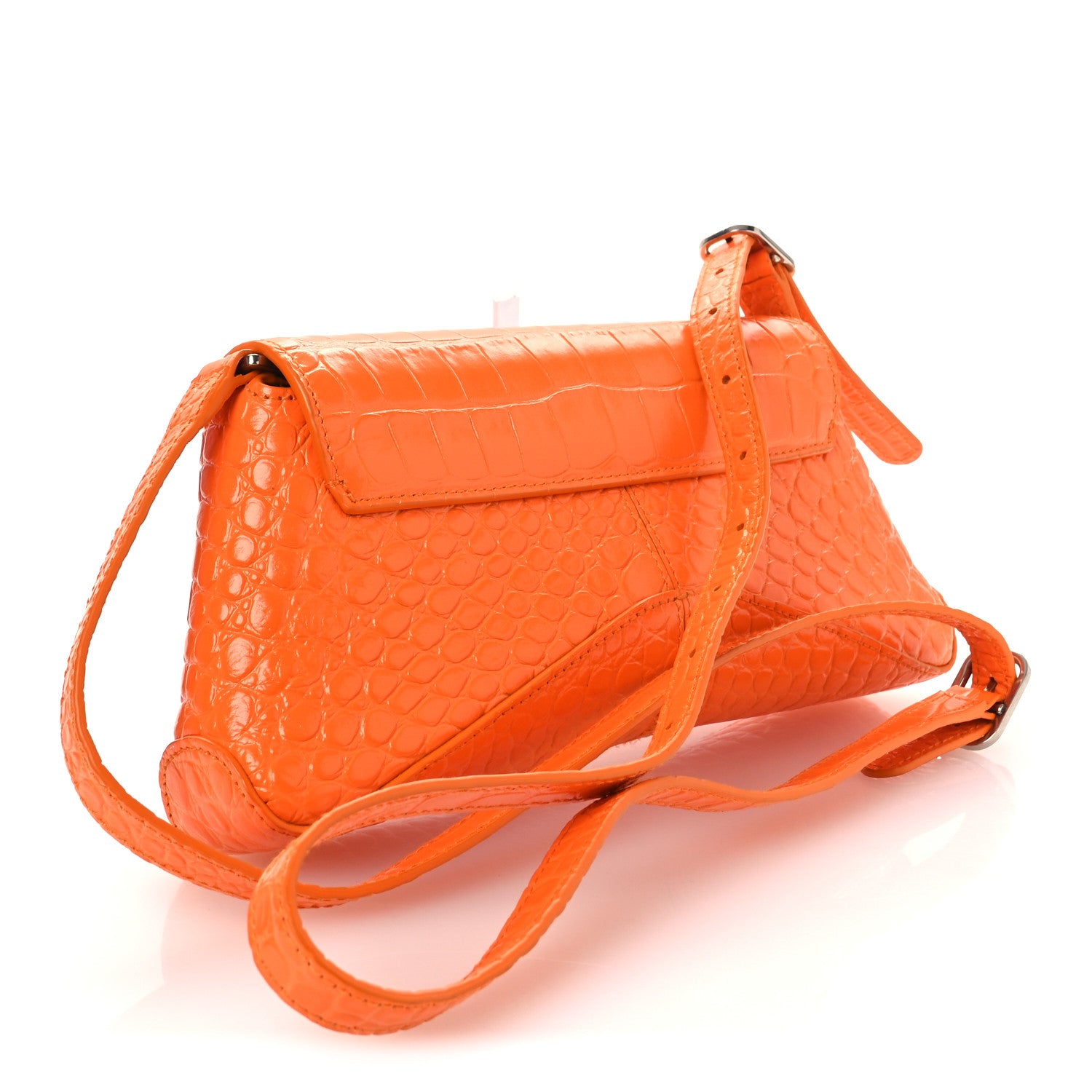 Balenciaga Shiny Super Supple Calfskin Crocodile Embossed Small XX Flap Stretch Bag Pop Orange 3 of 13