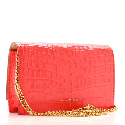 Alexander McQueen Calfskin Crocodile Embossed Skull Mini Crossbody Bag Coral 3 of 10