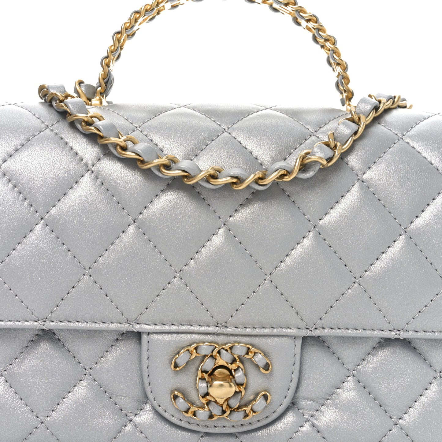 Metallic Lambskin Quilted Mini Strass On Top Flap Silvery