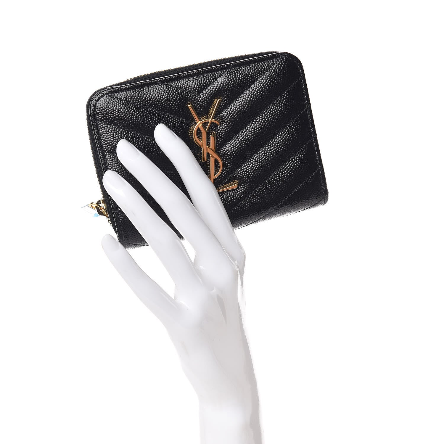 Saint Laurent Grain De Poudre Matelasse Chevron Monogram Compact Zip Around Wallet Black 2 of 8