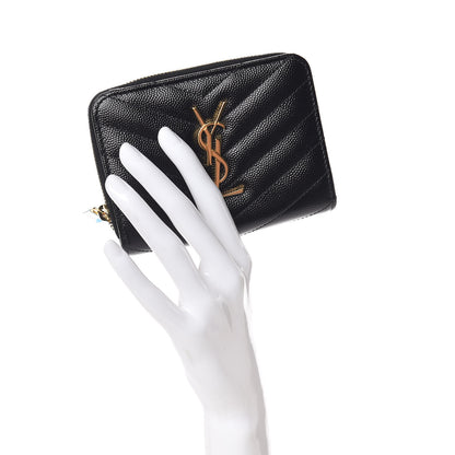 Saint Laurent Grain De Poudre Matelasse Chevron Monogram Compact Zip Around Wallet Black 2 of 8