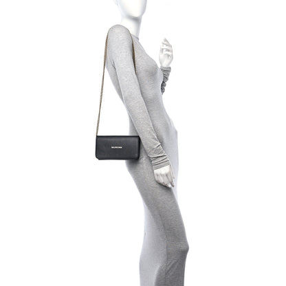 Balenciaga Grained Calfskin Logo Everyday Phone Holder Wallet On Chain Black White 2 of 10