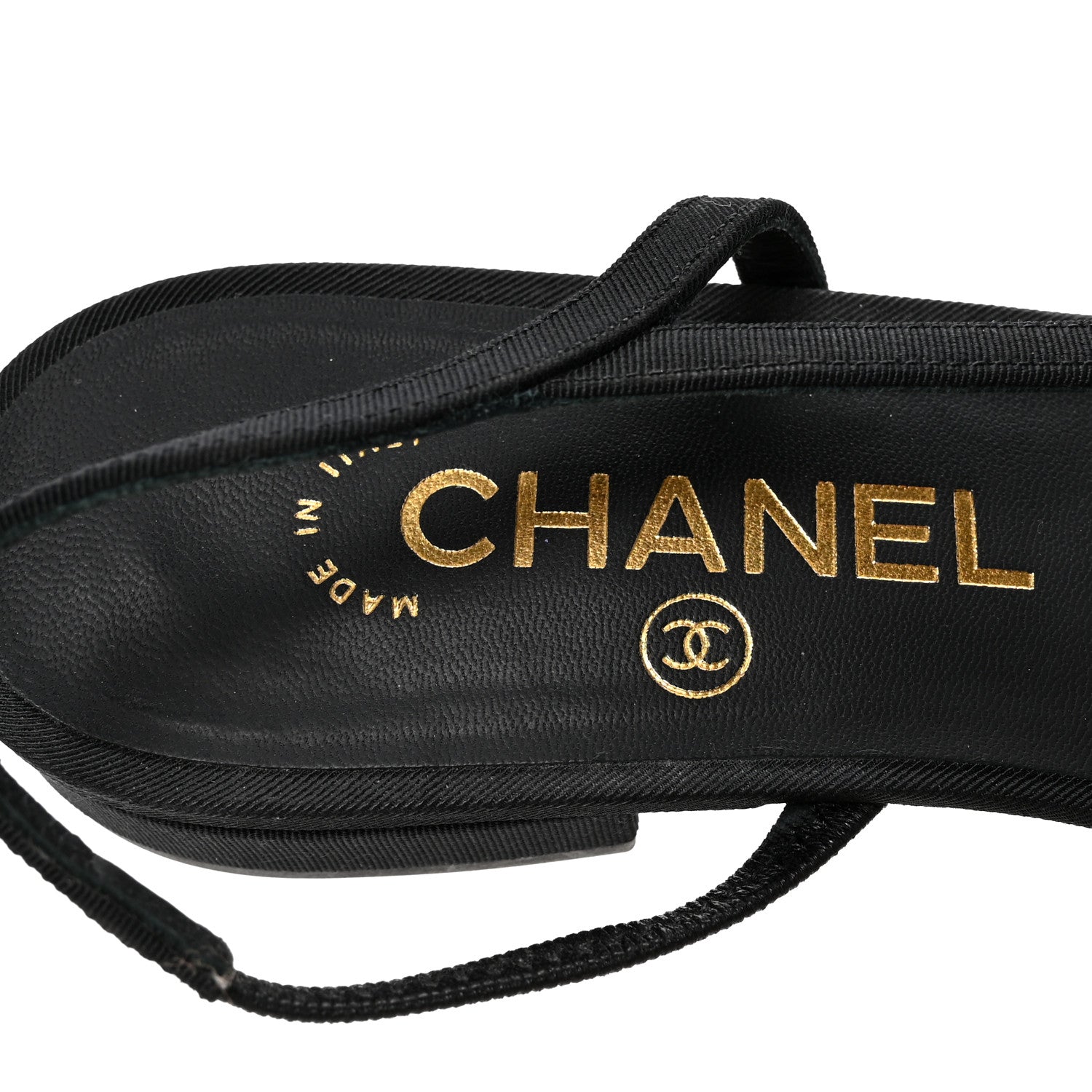 Chanel Laminated Lambskin Grosgrain Cap Toe CC Slingback Flats 37.5 Black Gold 8 of 9