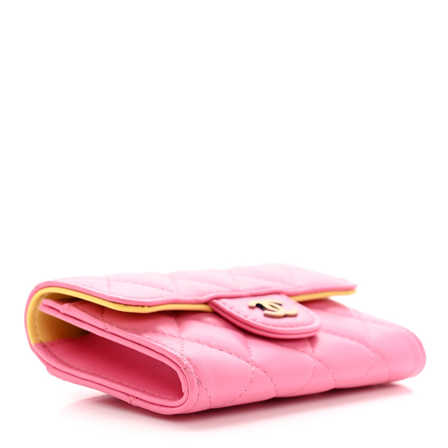 Lambskin Quilted Flap Card Holder Wallet Pink Yellow