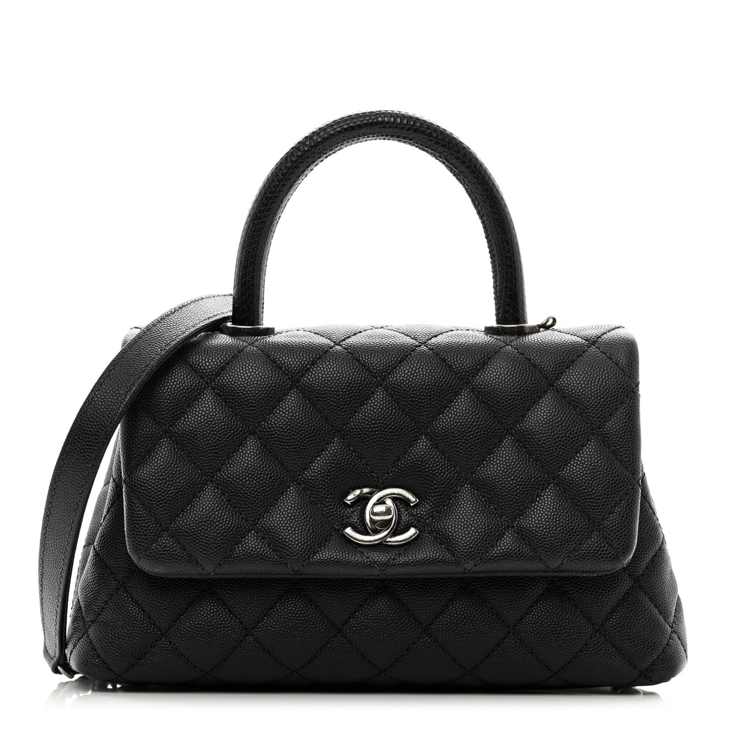 Caviar Lizard Embossed Quilted Mini Coco Handle Flap Black