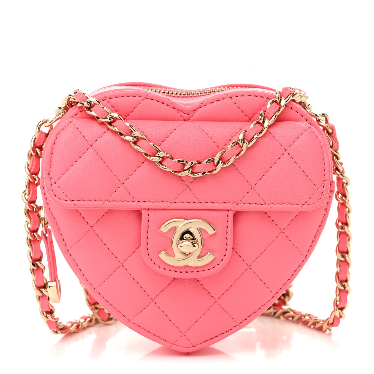 Lambskin Quilted CC In Love Heart Clutch With Chain Pink