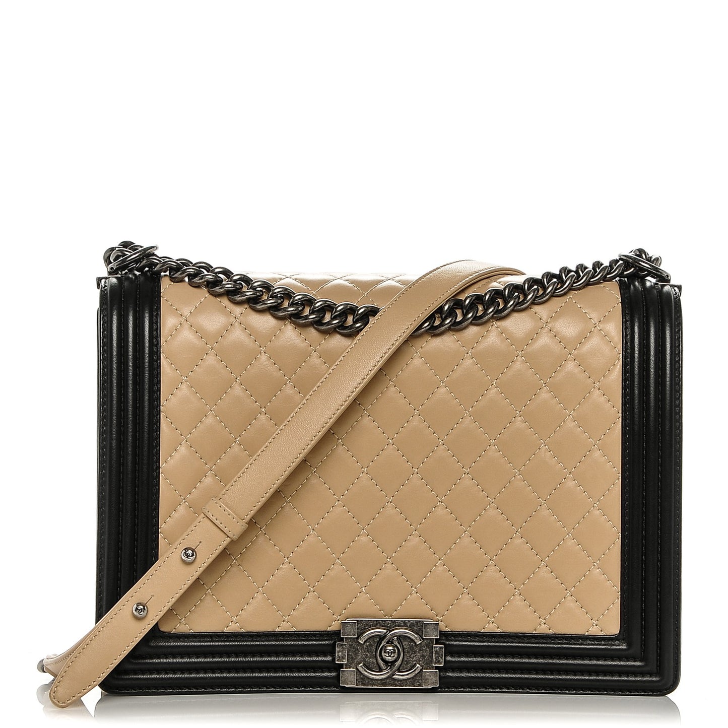 Lambskin Quilted Large Boy Flap Beige Black