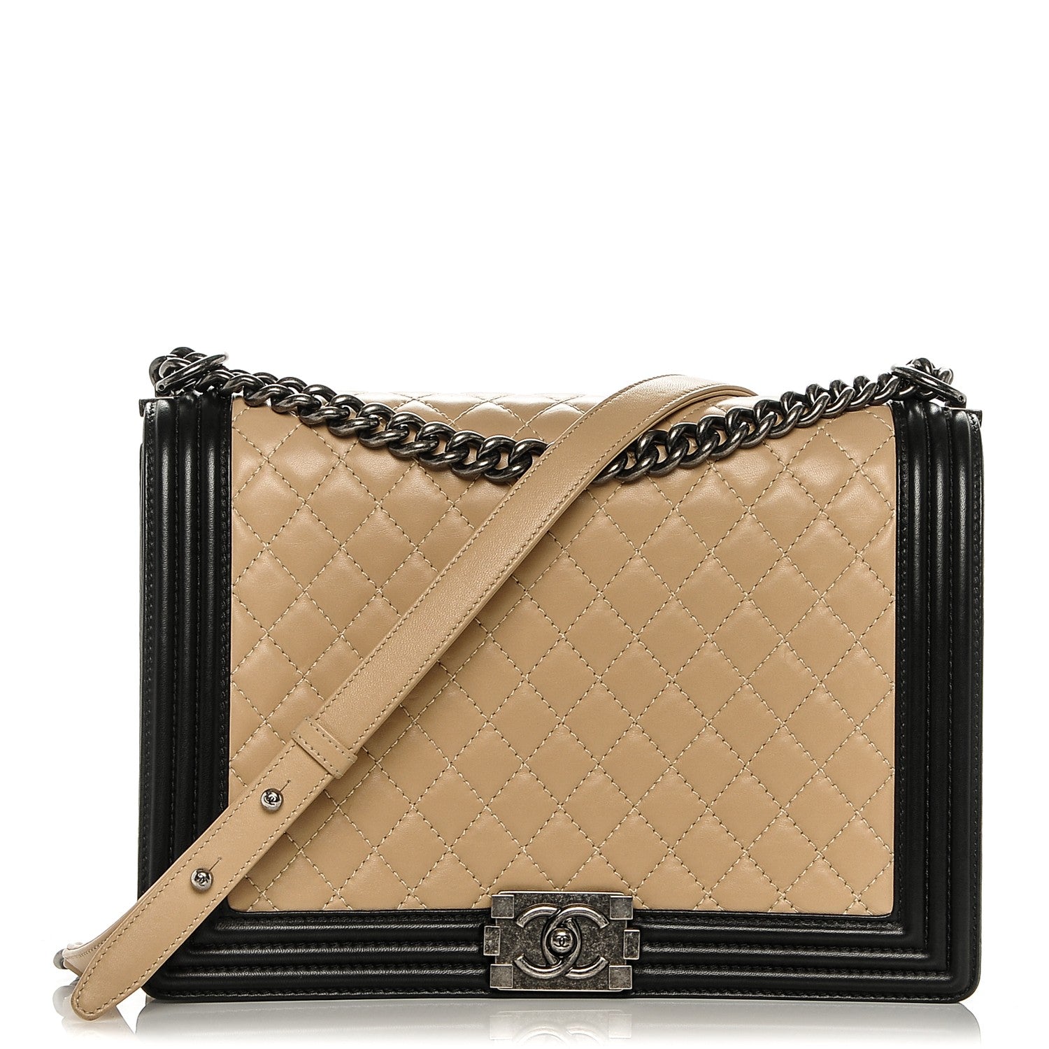 Chanel Lambskin Quilted Large Boy Flap Beige Black 1 of 11