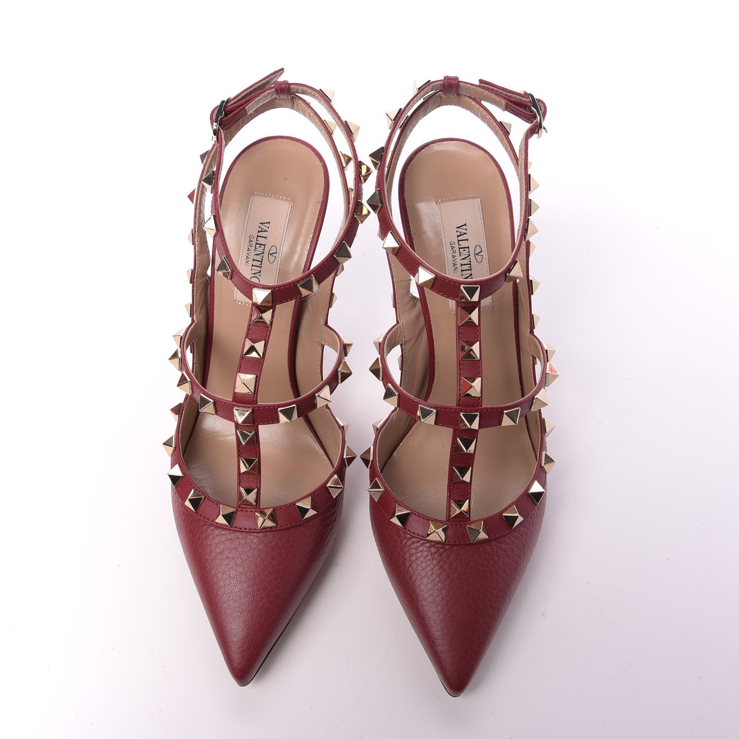 Valentino Garavani Pebbled Calfskin Rockstud Ankle Strap Pumps 37.5 Rubino 5 of 13