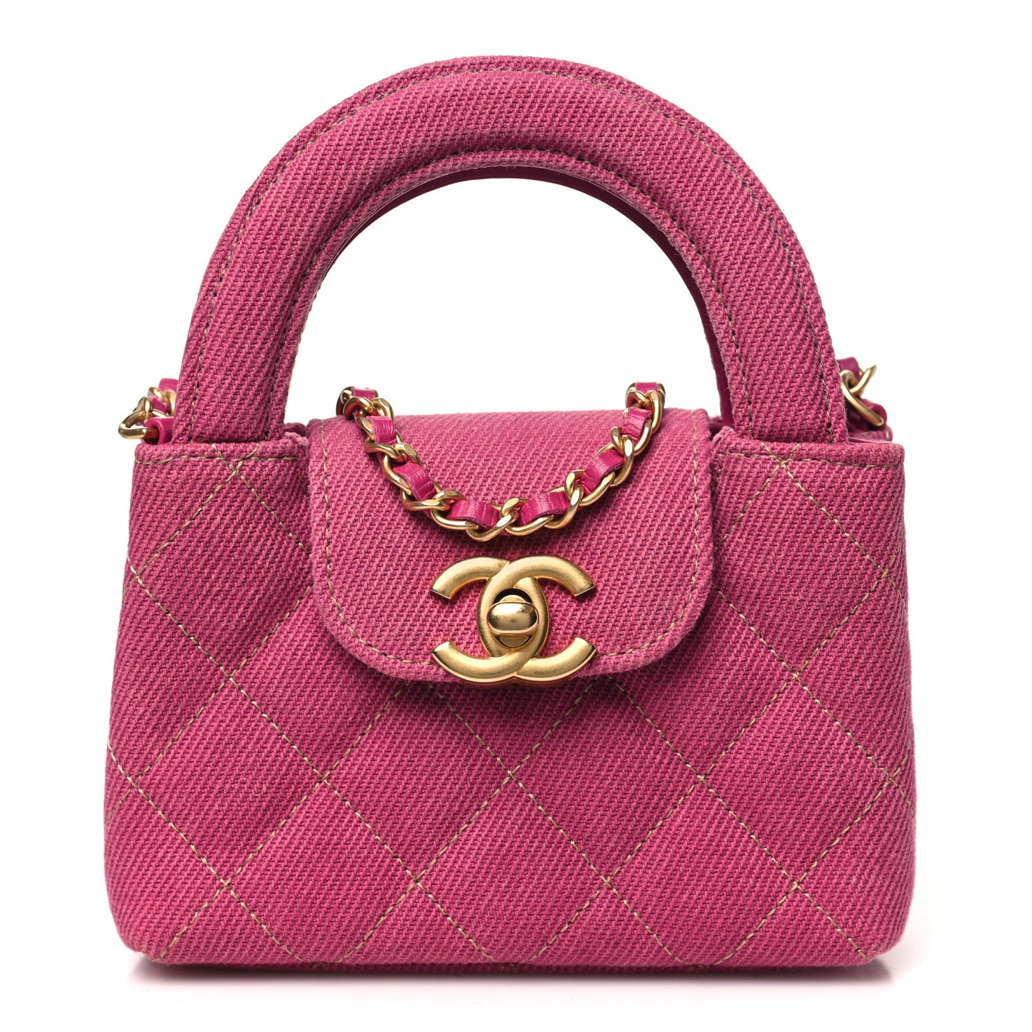 Denim Quilted Mini Nano Kelly Shopper Fuchsia